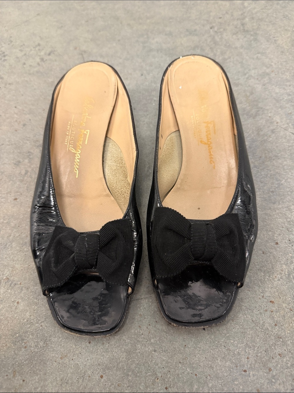 Salvatore Ferragamo Vintage Black Patent Leather Bow Mules